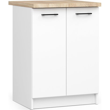Akord – Armoire de cuisine basse 60 cm – 2 portes blanches – 2 étagères – Panneau stratifié – Hauteur 85 cm – Profondeur 46 cm