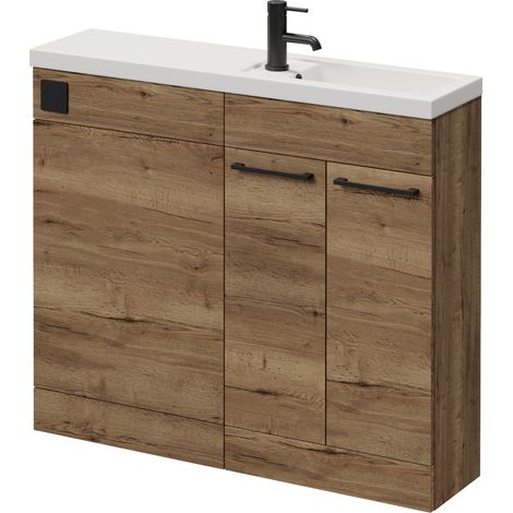 Napoli 250 Tobacco Oak 1000mm 2 Door Vanity Unit Toilet Suite with Square Silvo Basin - 1000mm - Matt Black 160mm HandleWithout Kingston Toilet Pan