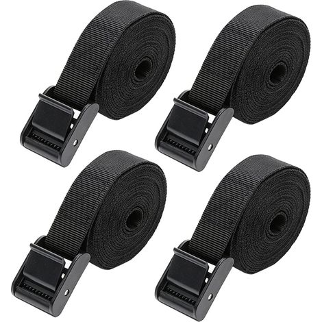 PCS Sangles d'Arrimage Noires 25MM x 2M, Sangle de Serrage et Sangle Arrimage Polyvalente pour Vélo, Moto, Voiture, Bateau, Camping et Transport Sécurisé des Objets (1/5)