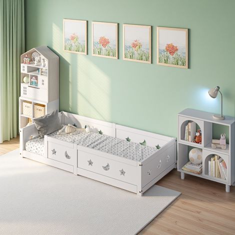 Letto a pavimento di ispirazione Montessori 140x200cm, letti in legno con barriera di sicurezza e rete a doghe, letti singoli per ragazzi e ragazze (1/5)