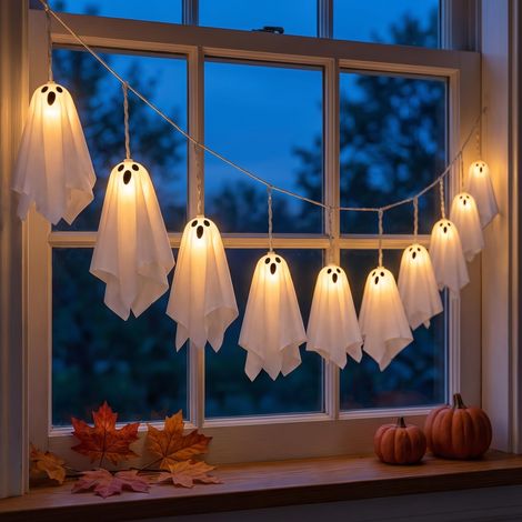 Guirlande de fantômes 3D Halloween 10 LED 3 m, à piles, intérieur extérieur manteau de cheminée porche cour fenêtre fête, avec télécommande (1/5)