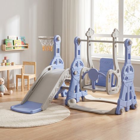 Parco giochi per bambini 4 in 1 con scivolo, altalena e canestro da basket, 140x118x102 cm, in HDPE, Blu