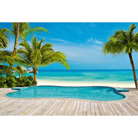 Papier peint panoramique paysage palmier effet vacances | Tapisserie panoramique plage piscine salle de bain | Papier peint panoramique bleu et vert - 384 X 260 cm (8 pièces) (1/2)