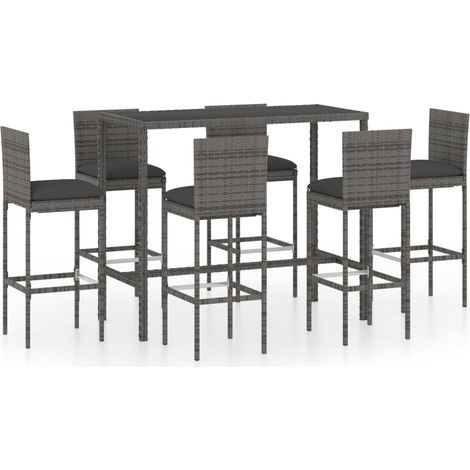 Set da bar da giardino 7 pezzi e cuscini in resina intrecciata grigia 020013430