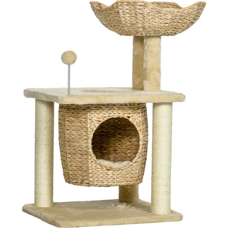 Arbre à chat griffoir sisal naturel, 1 cache-niche, panier pompon, peluche jacinthe d'eau, 45 x 40 x 74 cm beige (1/5)