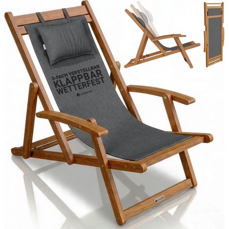 JUSKYS® Sonnenliege Tavira Anthrazit - Klappbar, 3-fach verstellbare Rückenlehne, mit abnehmbarem Kopfpolster, wetterfest, geöltes Akazienholz, 6 kg