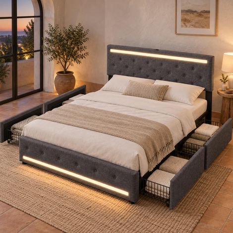 Lit Tiroir 140x200 cm, Lit Double Rembourré avec 4 Tiroirs Espace de Rangement, avec LED et Fonction de Charge USB, Cadre de Lit Fonctionnel pour Adults et Ado, sans Matelas (1/5)