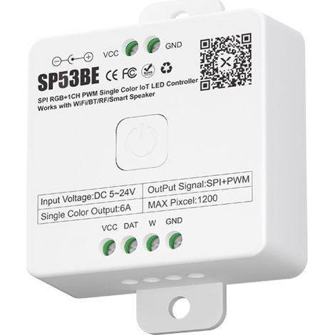 The SP53BE dual-mode Bluetooth/WiFi SPI RGB PWM monochrome controller supports Baidu and Xiao Ai smart voice assistants.
