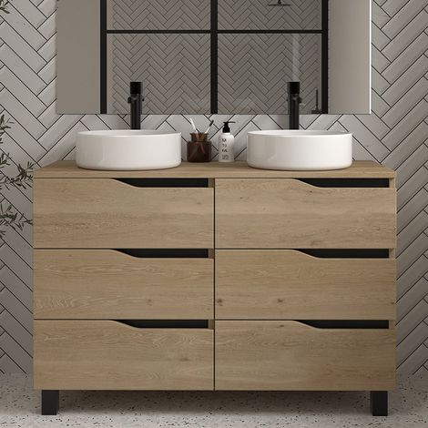 Meuble de salle de bain 120 avec plateau et 2 vasques à poser - sans miroir - 6 tiroirs - madera miel (bois clair) - MATA (1/4)