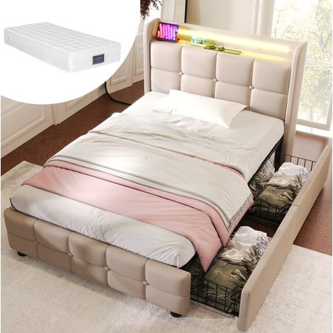 Bett Bettgestell Stauraum 90x200 Holz Beige OKMYHOME (1/5)