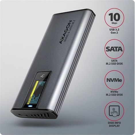 Axagon caja externa USB-C 3.2 EEM2-SD2 - S-ATA/NVMe M.2 Tipo 2280, Negro (1/5)