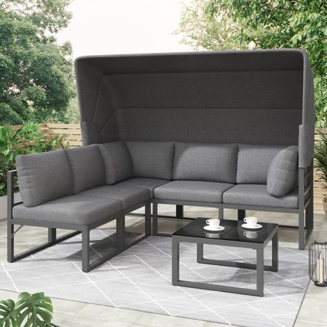 Salon de jardin multifonctionnel en Fer - Canapé lounge avec auvent réglable - 5 sièges et 1 table basse - Gris