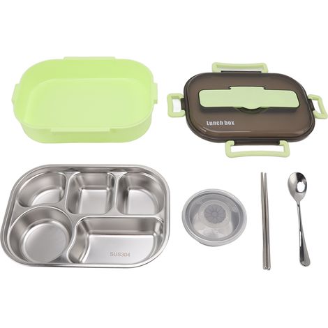 Boîte repas en acier inoxydable thermique avec bol à soupe, baguettes et cuillère, pour adultes et enfants, vert (1/5)