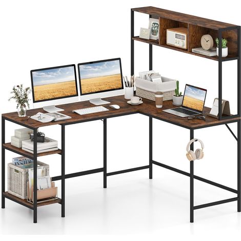 COSTWAY Bureau d'Angle en L, Table d'Ordinateur avec Bibliothèque, Étagères de Rangement Ouvertes & Crochet pour Casque, Table Gaming Gain de Place, pour Bureau, Salle d'Étude, Salon (Marron Rustique) (1/5)