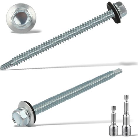 Lot de 50 vis à tôle trapézoïdale auto-taraudeuses avec rondelle d'étanchéité 6,3 x 100 mm + 2 embouts hexagonaux M8 Vis Spengler galvanisées Vis autoperceuses pour toit en métal (argentées) (1/5)