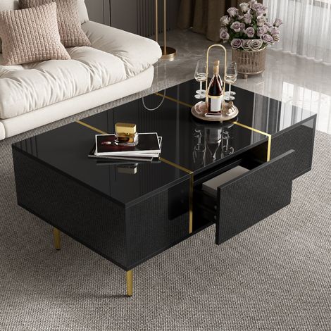 Tavolino da caffè 100x60x41.5 cm nero in MDF lucido con 2 cassetti e dettagli dorati (1/5)