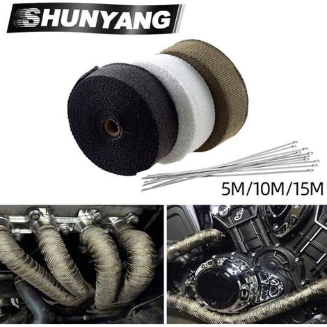 CHOYCLIT 15Mx50mm Ruban Isolant Thermique en Titanium Magma + 10 Attaches de Cable en Acier Inoxydable de Noir pour Tuyeau Collecteur Echappement Moto Bande Isolante Thermique (1/5)