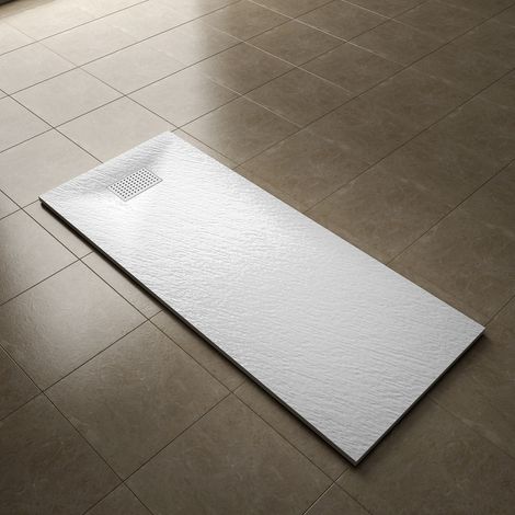 ELEGANT 1700x700mm Slip-Resistance Shower Tray White Slate Effect Square Shower Enclosure Base with Waste Trap and Stainless Steel Drain Cover A