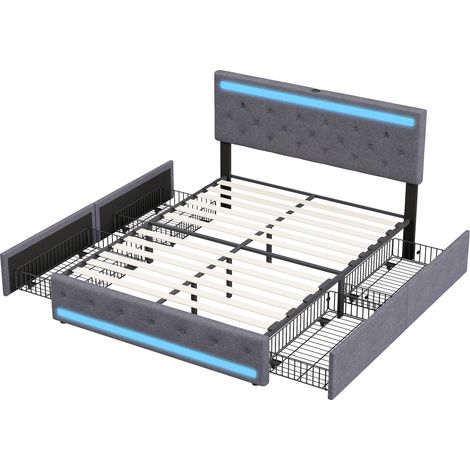 HYTKKBD – Lit Double 140x190 cm avec 4 Tiroirs,Tête de Lit Réglable en Hauteur,Lit Adulte avec Éclairage LED et Ports de Chargement USB et Type-C,Sommier à Lattes,Lit Capitonné Lin, Gris Foncé