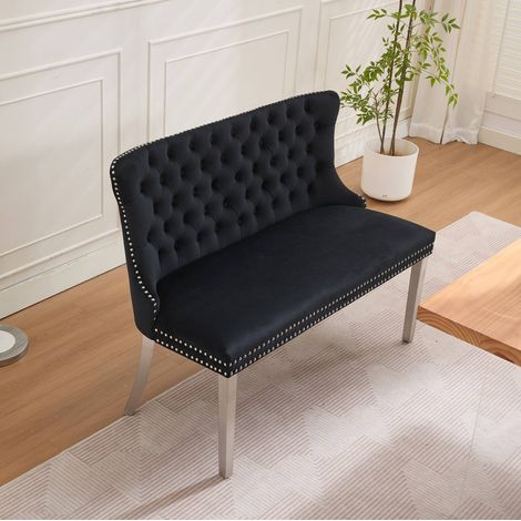 Panca da pranzo a due posti in velluto nero, stile Mid-Century, schienale a pinna e gambe in acciaio inox satinato,58×116×89.5cm (1/5)