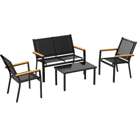 Set 4 Pezzi Salotto da Giardino con Tavolino da Caffè in Vetro Temperato e 3 Sedute in Tessuto Texteline Nero (1/5)
