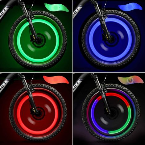 LED Roue Lumières (Rouge + Vert + Bleu + Multicolore) Lot de 4, Rayons de Roue Vélo pour VTT VTC Bicyclette Adultes et Enfants, Lampe à LED Étanche à néon à pneus avec Clignotants (1/4)