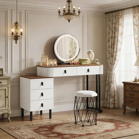 Coiffeuse en MDF, bois massif et métal, blanc et marron, avec miroir LED et 5 tiroirs (1/5)