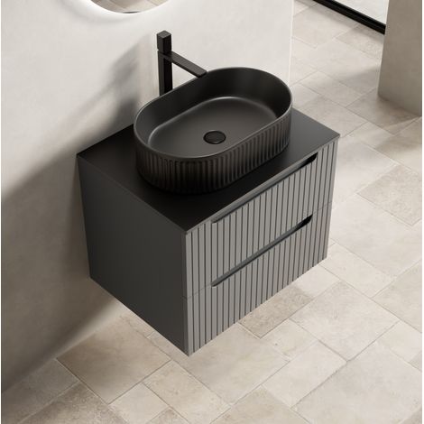 Mobile lavabo sospeso 60 cm con vasca ovale nera, top in pietra sinterizzata, grigio scuro (1/5)