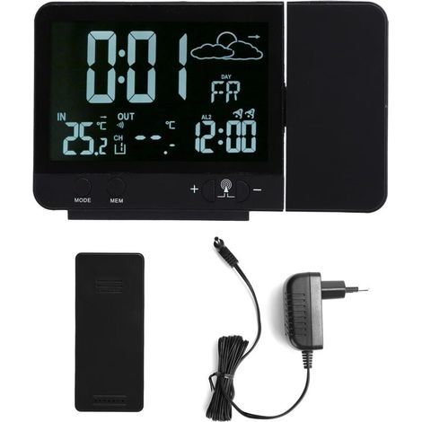 Digital Projection Alarm Clock, Radio Ceiling Projection Alarm Clock with Weather Station, Wired Thermometer, Hygrometer, Temperature and Humidity Gauge, and Calendar for Bedrooms, 230V (1/4)