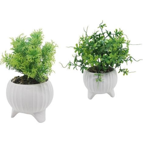 TRADE SHOP - Vasetto Ceramica Bianco A Coste Con Piantina Artificiale Assortita 18cm Decoro Casa 164339 - (1/4)