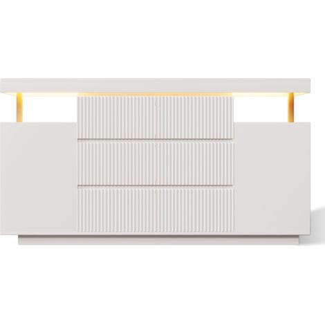 Credenza moderna bianca con LED 150 x 40 x 78 cm, 6 cassetti e 2 ante, design sospeso, MODENUIT (1/5)