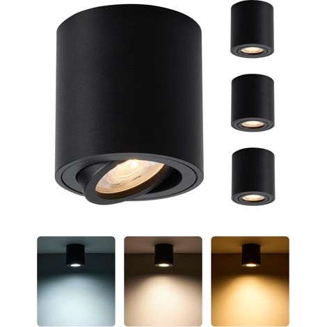 Spot LED en Saillie 230V Dimmable Blanc Chaud Neutre Froid Lot de 4 Spot de Plafond LED Noir IP44 pour Salle de Bain, Cuisine Spots Saillie Orientable Ø80x85mm Module LED Fixed Non-Replaceable (1/5)