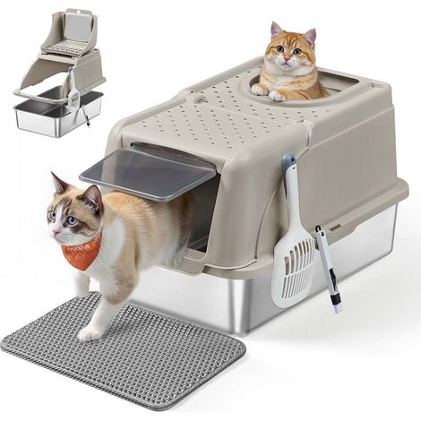 Bac à litière pour chat en acier inoxydable avec couvercle basculant grande taille design étanche pelle brosse double entrée pour chats jusqu'à 15 kg beige cappuccino (1/2)