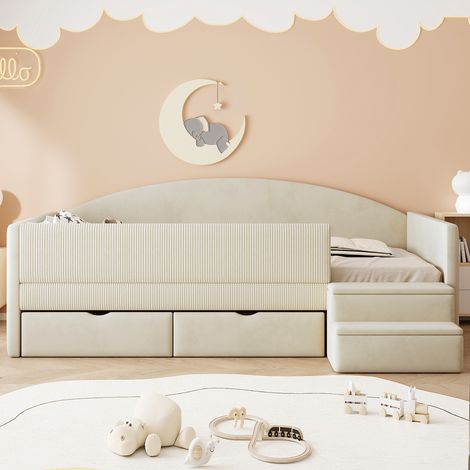 Canapé-lit capitonné, 90 x 190 cm, lit multifonctionnel avec deux tiroirs, barres de sécurité et marchepieds, revêtement en velours doux pour la peau, sans matelas, beige (1/4)