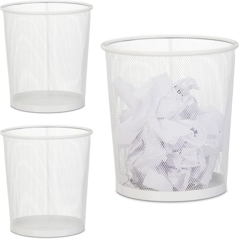 Set 3 Papeleras de Rejilla de Alambre, Cubo Papeles Dormitorio, Redondo, sin Tapa, Residuos Plástico, 28x26 cm, Blanco