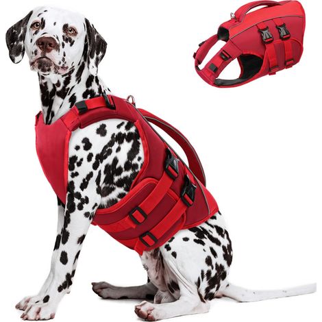 Gilet de Sauvetage pour Chien Veste de Flottaison Réglable avec Poignée de Sécurité et Bandes Réfléchissantes Maillot de Bain pour Animaux de Compagnie Haute Flottabilité Rouge (1/3)