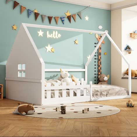 Lit Cabane Enfant 140x200cm - Lit Double en Bois de Pin Massif avec Barrières de Sécurité et Toit Maison - Blanc (1/5)