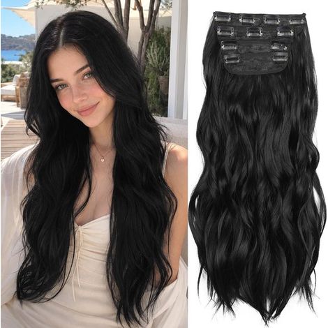 Extensions de cheveux à clips – Noires – 55 cm – Ondulées – Synthétiques – Quotidien, fêtes, Halloween (1/5)