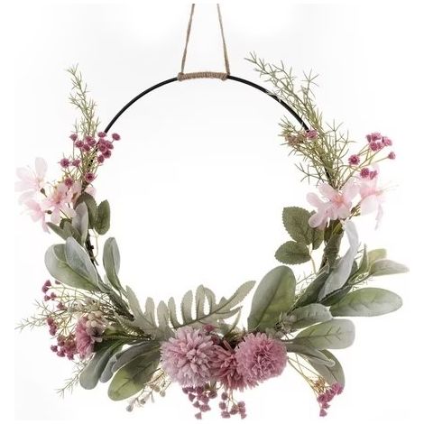 Couronne florale artificielle pour porte d’entrée – Décoration printemps été avec fleurs sauvages – Pour jardin et maison – Rose clair (1/5)