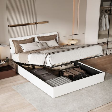 Letto contenitore 140x190 cm, letto 140x190 con rete, letto matrimoniale, letto per adulti, ricarica USB, struttura letto, bianco sporco, velluto teddy (1/5)