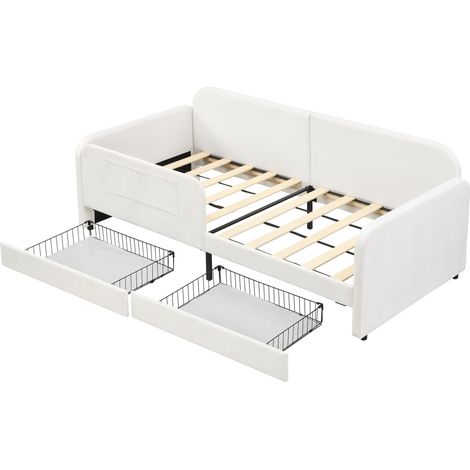 Cama infantil 90x200 cm de terciopelo blanco con marco metálico, 2 cajones y 3 bolsillos (1/5)