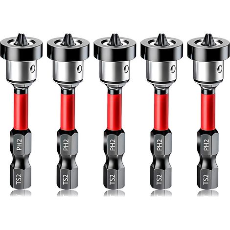Embout Visseuse Placo, 5 Pièces 50mm Embouts PH2 Magnétiques 1/4" Tournevis à Positionnement, pour Plâtre et Cloisons Sèches (1/5)