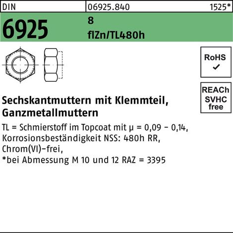 DIN 6925/ISO 7042 Selbstsichernde Sechskantmutter M 6 x 1 Stahl zinklamellenbeschichtet 1000 Stk (1/2)