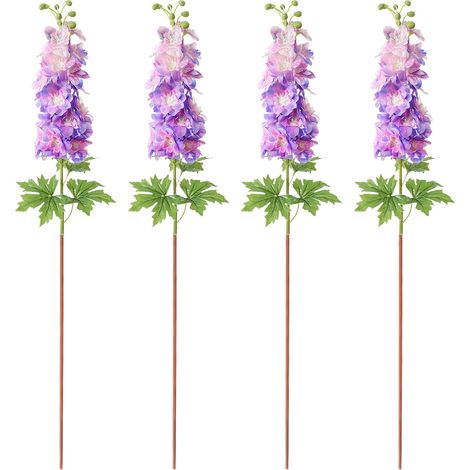 Delphinium artificiel en latex, lot de 4, tige de 80 cm, aspect réaliste, idéal pour vase haut, décoration de table, arrangement floral de mariage, violet. (1/2)