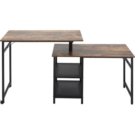 Bureau Informatique Design Industriel modulable Bureau d'angle 2 étagères Aspect Vieux Bois métal Noir