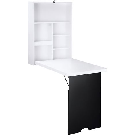 HOMCOM Schreibtisch Wandtisch Wandklapptisch mit Tafel, 5 Fächern, Klappschreibtisch Klappbarer Computertisch für Büro Weiß+Schwarz 60 x 94,5 x 147 cm (1/5)