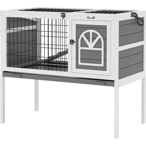 Wooden Rabbit Hutch, Guinea Pig Cage, Removable Tray, Openable Roof, Grey (1/5)