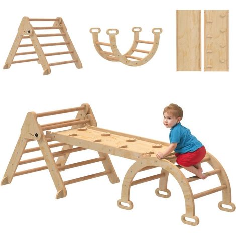 Structure d'escalade pliable en bois 7-en-1 : arche, échelle triangulaire, rampe, mur d'escalade et toboggan, pour enfants de 1,5 à 4 ans