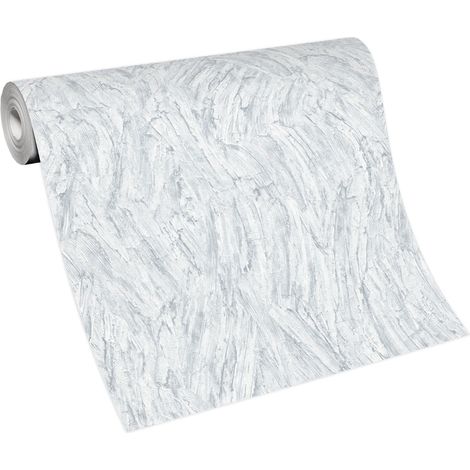 BRICOFLOR Papier Peint moderne gris et blanc  Tapisserie effet métallique gris et blanc  Papier Peint intissé imitation platre pour salon, chambre & plus (1/4)