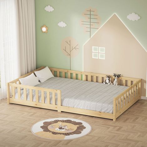 ML-Design Kinderbett 120x200 cm, Natur, Bodenbett für Kinder mit Lattenrost und Rausfallschutz, Jugendbett aus massivem Kiefernholz, Bettgestell für Jungen und Mädchen, Holzbett Babybett Doppelbett (1/5)